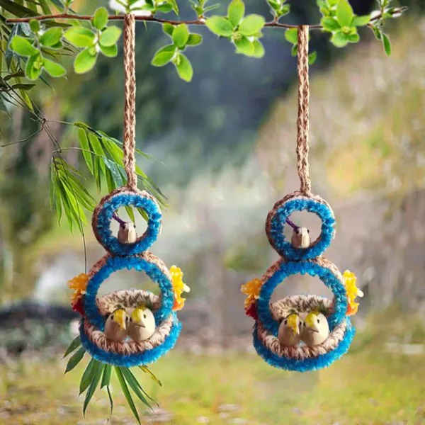 Wall Hanging Home Décor Artificial Bird Nest for Balcony and Garden Pack of 2 (Blue)