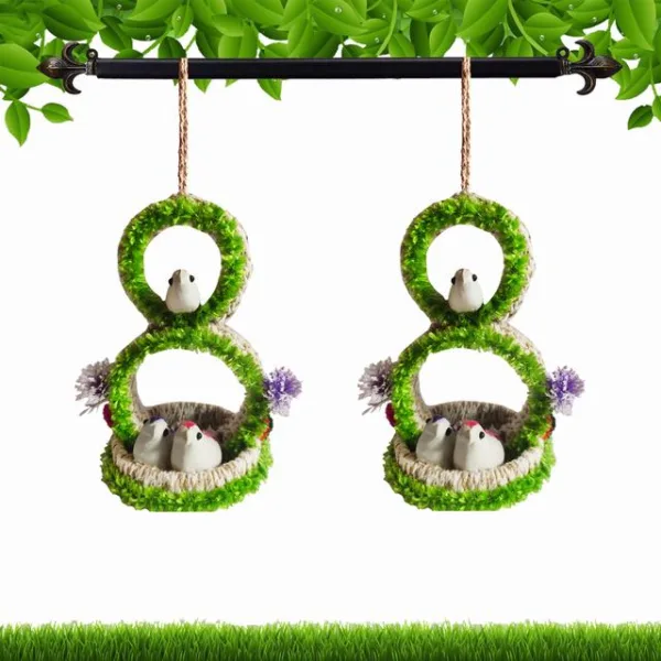 Wall Hanging Home Décor Artificial Bird Nest for Balcony and Garden Pack of 2 (Green)