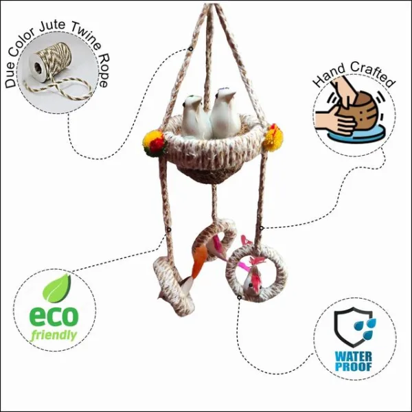 Handmade Artificial Flora Jute Balcony Hanging Birds Nest for Home Decor for Hanging in Hall Patio Garden Tree Plants Combo Decorative Showpiece - Image 5