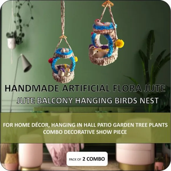 Wall Hanging Home Décor Artificial Bird Nest for Balcony and Garden Pack of 2 (Blue)