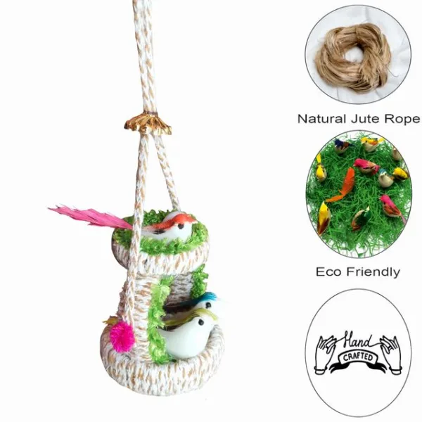 Wall Hanging Home Décor Artificial Bird Nest for Balcony and Garden Pack of 2 (Green) - Image 3