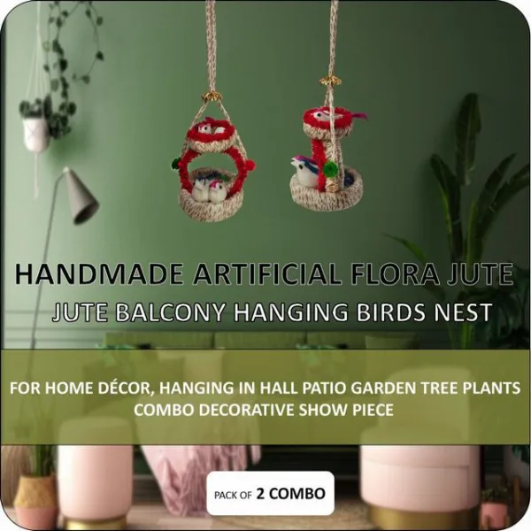 Wall Hanging Home Décor Artificial Bird Nest for Balcony and Garden Pack of 2 (Red)