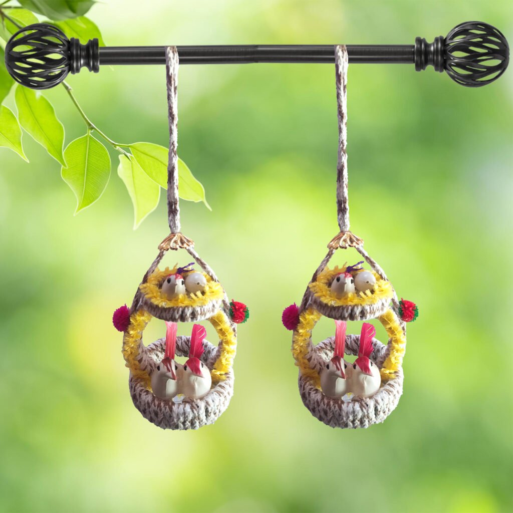 Handmade Hanging Bird Nest Wall Decor Combo Pack of 2 with Artificial Birds and Floral Design for Living Room, Balcony, Bedroom and Home Decoration