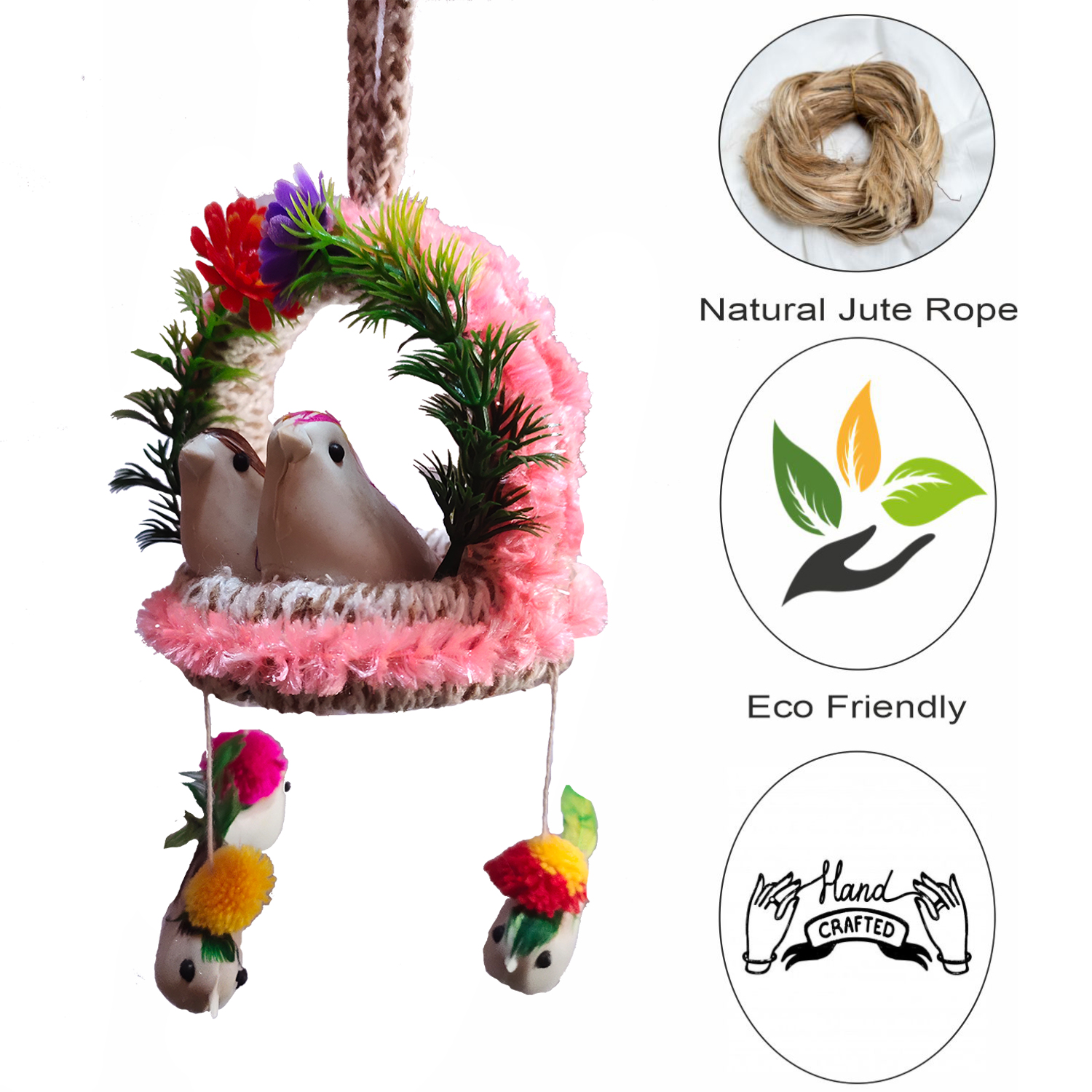 Handmade Hanging Bird Nest Wall Decor Pack of 2 | Artificial Birds Decorative Hanging for Home, Balcony & Living Room - Image 3