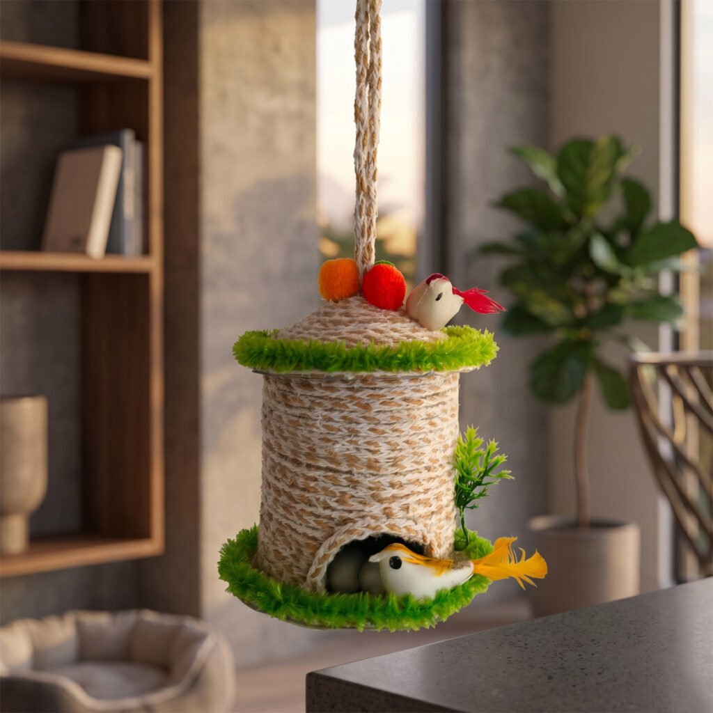Handmade jute hanging bird nest decor with artificial birds, eggs, pom pom, feather and green plants for home balcony and living room decoration.