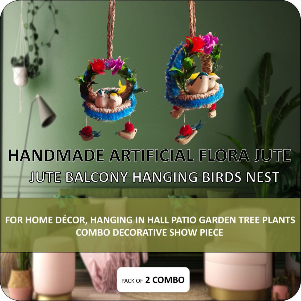 Pack of 2 Handmade Hanging Bird Nest Wall Decor with Artificial Birds, Colorful Floral Design and Decorative Hanging Ornament for Living Room, Balcony, Bedroom and Home Decoration