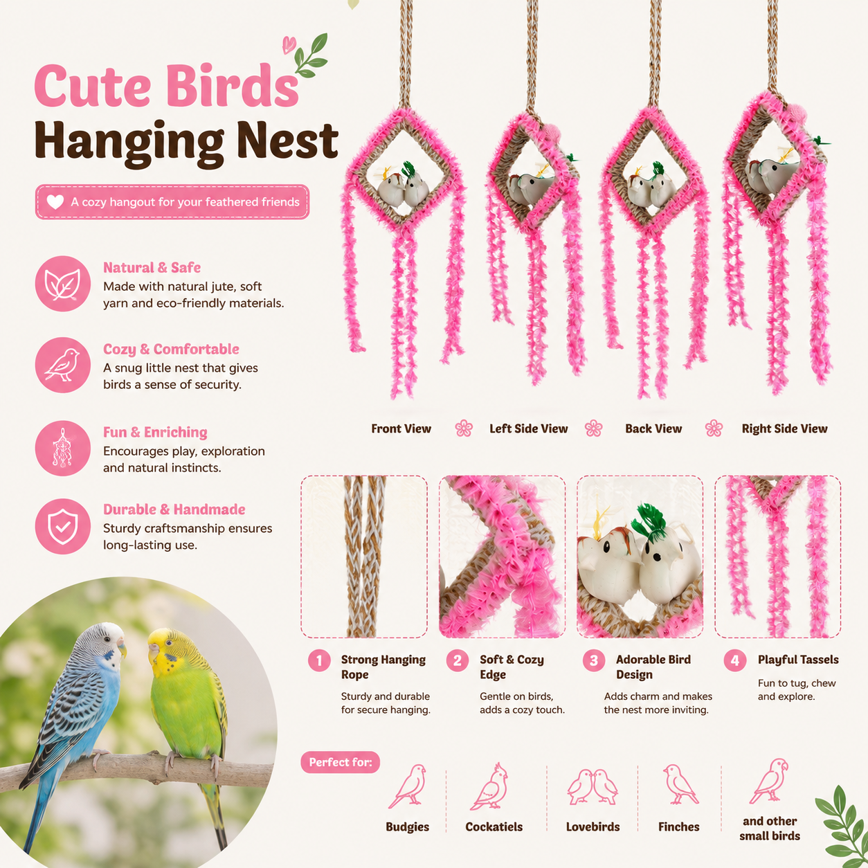 Handmade Hanging Bird Nest Decor for Home & Balcony | Decorative Jute Bird Hanging Wall Decor Combo Pack of 4 - Image 2