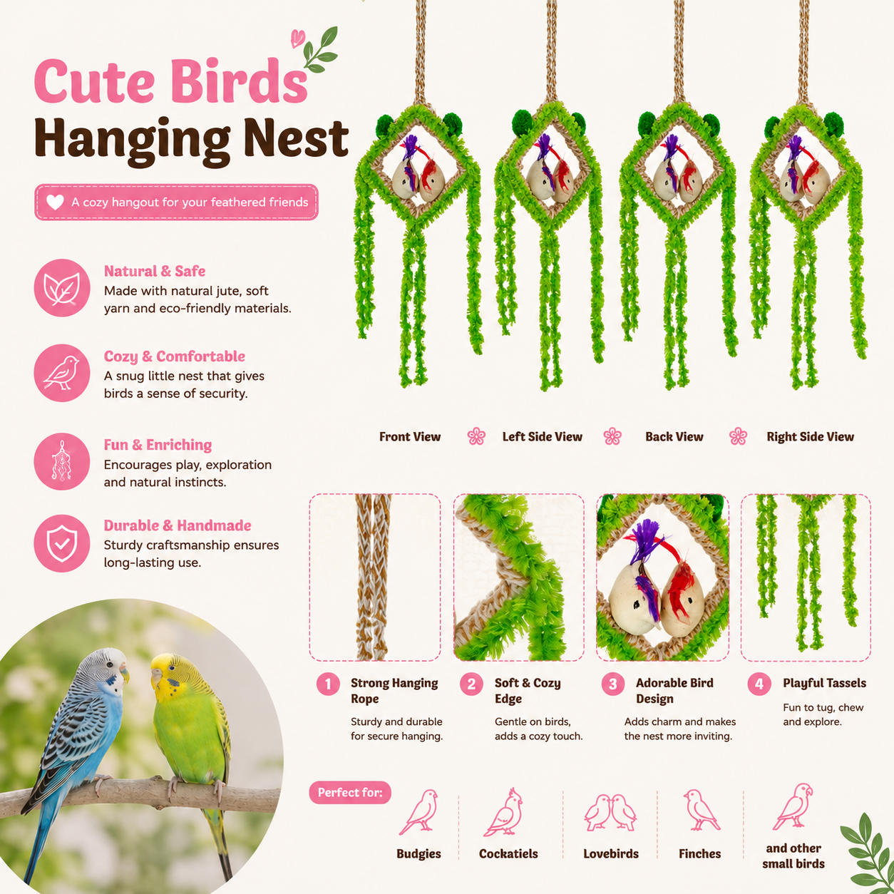 Handmade Hanging Bird Nest Decor for Home & Balcony | Decorative Jute Bird Hanging Wall Decor Combo Pack of 4 - Image 2