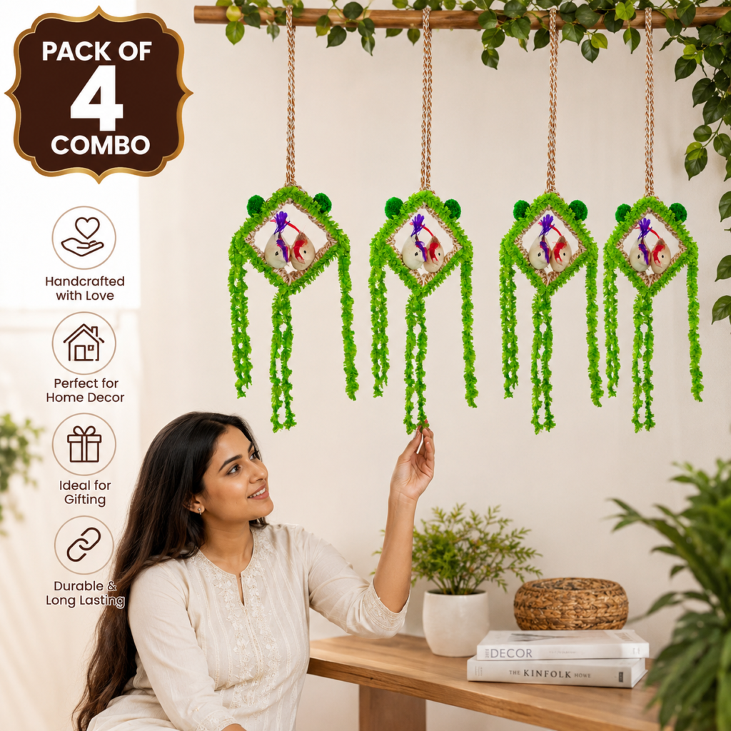 Combo pack of 4 handmade hanging bird nest decor with artificial birds and red tassel jute wall hanging for home and balcony decoration