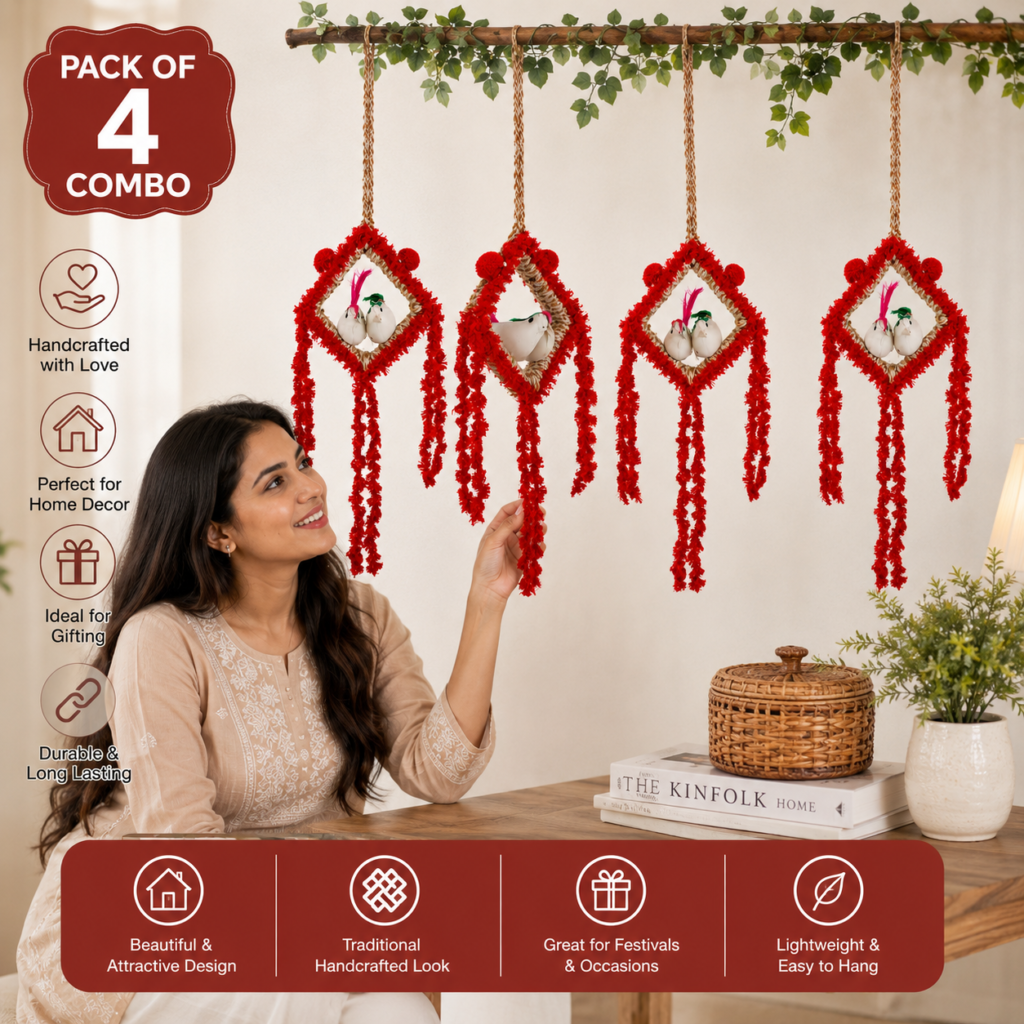Combo pack of 4 handmade hanging bird nest decor with artificial birds and red tassel jute wall hanging for home and balcony decoration