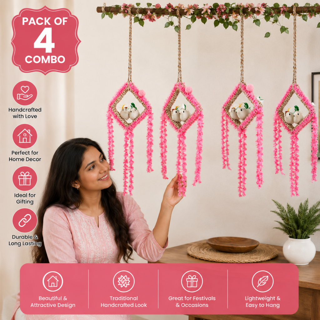 Combo pack of 4 handmade hanging bird nest decor with artificial birds and red tassel jute wall hanging for home and balcony decoration