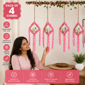 Combo pack of 4 handmade hanging bird nest decor with artificial birds and red tassel jute wall hanging for home and balcony decoration