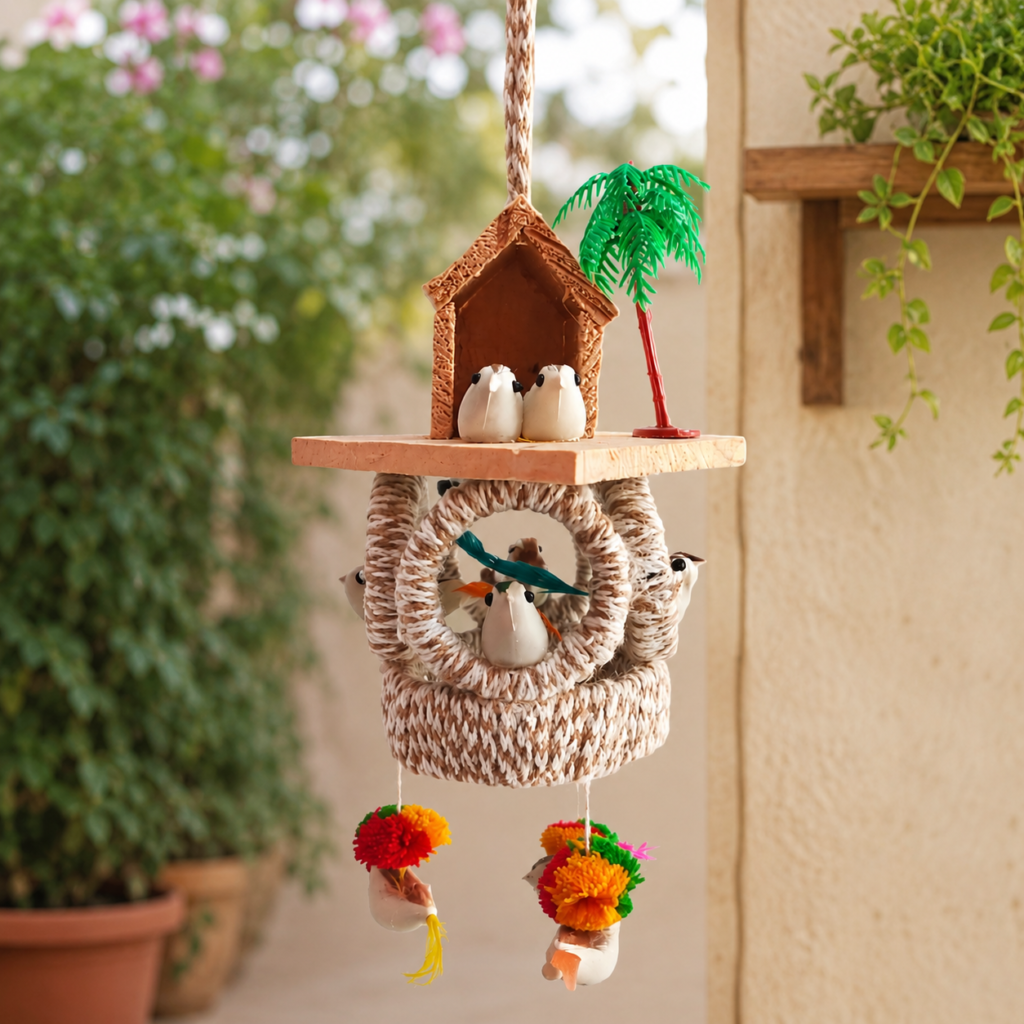 Handmade Hanging Bird House Wall Decor with Artificial Birds, Decorative Nest and Colorful Hanging Design for Living Room, Balcony and Home Decoration