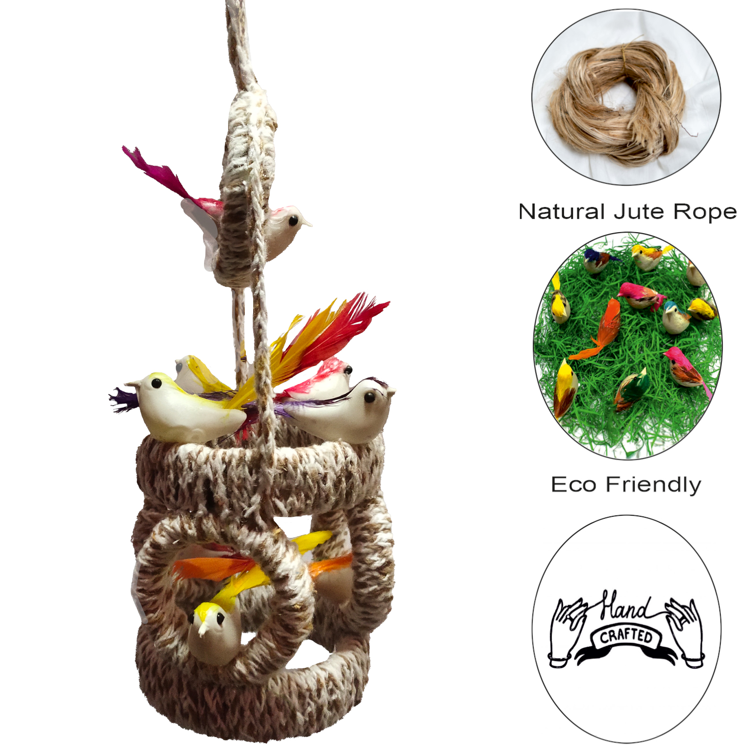 Handmade Jute Hanging Bird Nest for Home Decor with Artificial Birds - Image 4