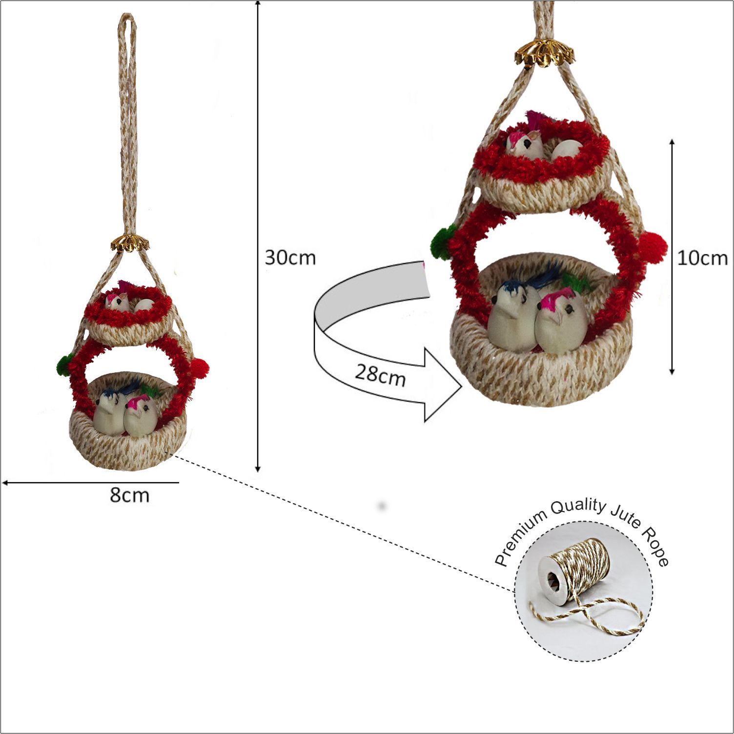 Handmade Hanging Bird Nest Wall Decor Combo Pack of 2 with Artificial Birds and Floral Design for Living Room, Balcony, Bedroom and Home Decoration