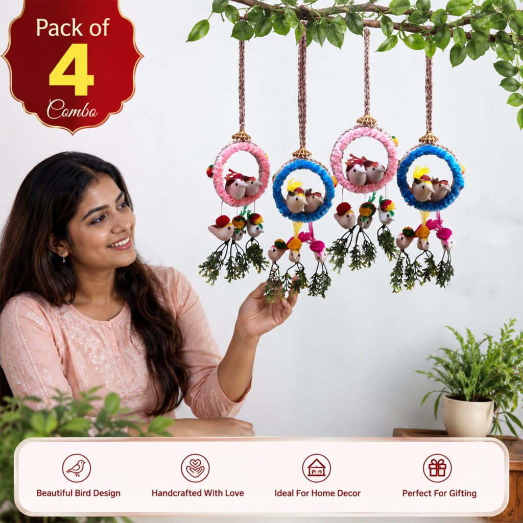 Handmade bird nest hanging ornament with colorful birds and rustic jute craftsmanship