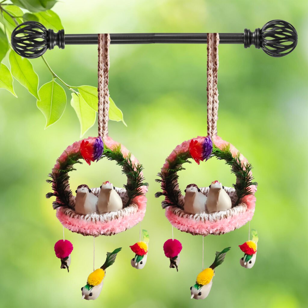 Pack of 2 Handmade Hanging Bird Nest Wall Decor with Artificial Birds, Colorful Floral Design and Decorative Hanging Ornament for Living Room, Balcony, Bedroom and Home Decoration