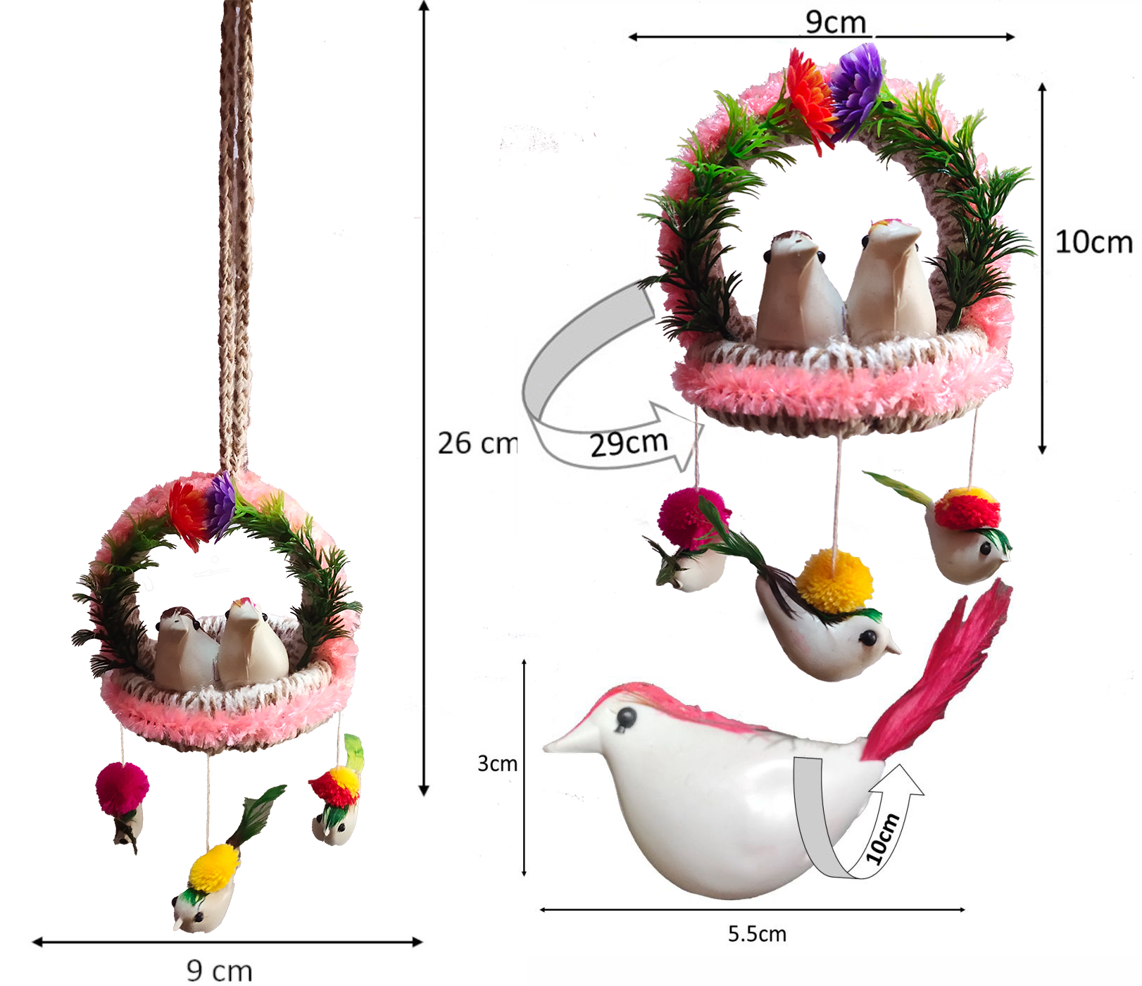 Handmade Hanging Bird Nest Wall Decor Pack of 2 | Artificial Birds Decorative Hanging for Home, Balcony & Living Room - Image 5