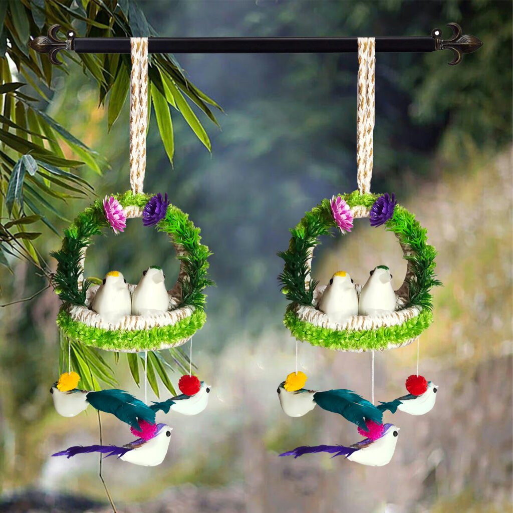 Pack of 2 Handmade Hanging Bird Nest Wall Decor with Artificial Birds, Colorful Floral Design and Decorative Hanging Ornament for Living Room, Balcony, Bedroom and Home Decoration