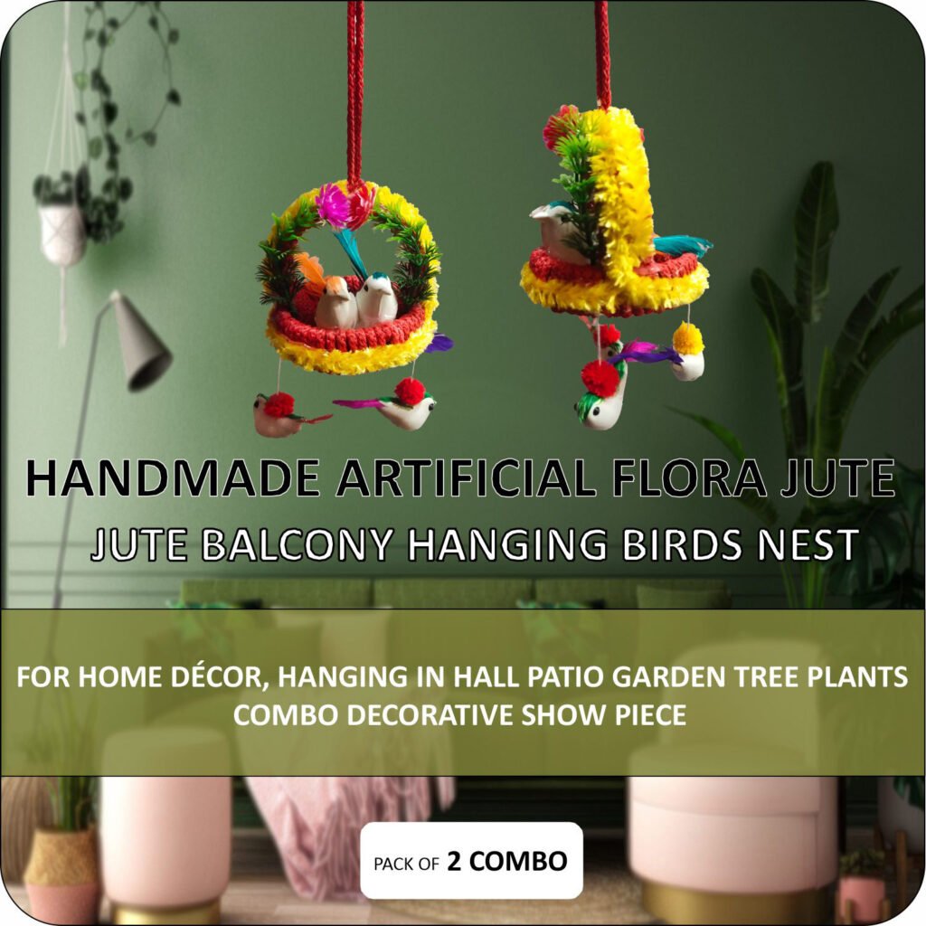 Pack of 2 Handmade Hanging Bird Nest Wall Decor with Artificial Birds, Colorful Floral Design and Decorative Hanging Ornament for Living Room, Balcony, Bedroom and Home Decoration