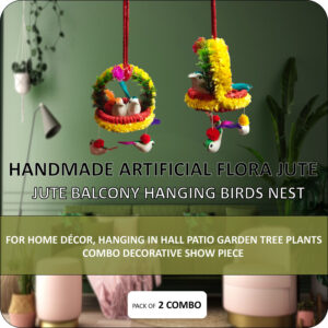 Pack of 2 Handmade Hanging Bird Nest Wall Decor with Artificial Birds, Colorful Floral Design and Decorative Hanging Ornament for Living Room, Balcony, Bedroom and Home Decoration