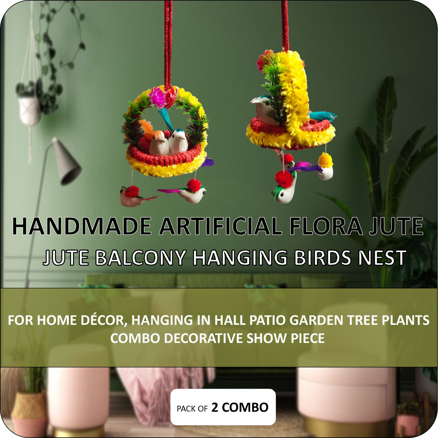Pack of 2 Handmade Hanging Bird Nest Wall Decor with Artificial Birds, Colorful Floral Design and Decorative Hanging Ornament for Living Room, Balcony, Bedroom and Home Decoration