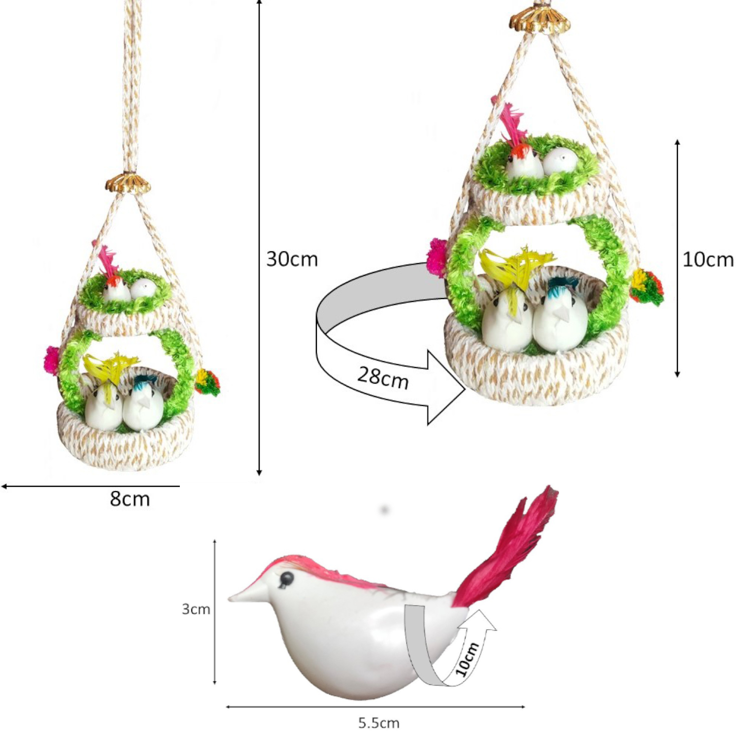 Handmade Hanging Bird Nest Wall Decor Combo Pack of 2 with Artificial Birds and Floral Design for Living Room, Balcony, Bedroom and Home Decoration