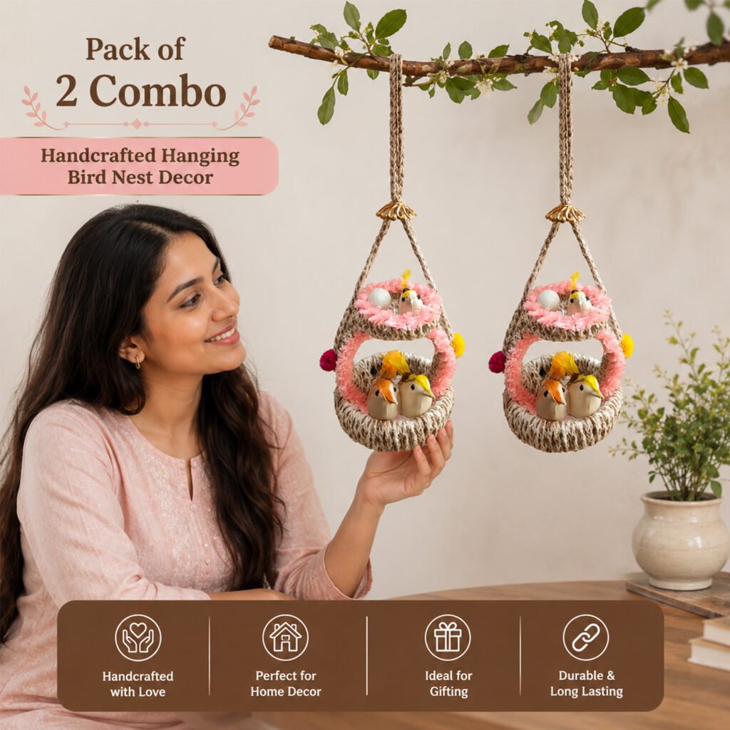 Handmade Hanging Bird Nest Wall Decor Combo Pack of 2 with Artificial Birds and Floral Design for Living Room, Balcony, Bedroom and Home Decoration