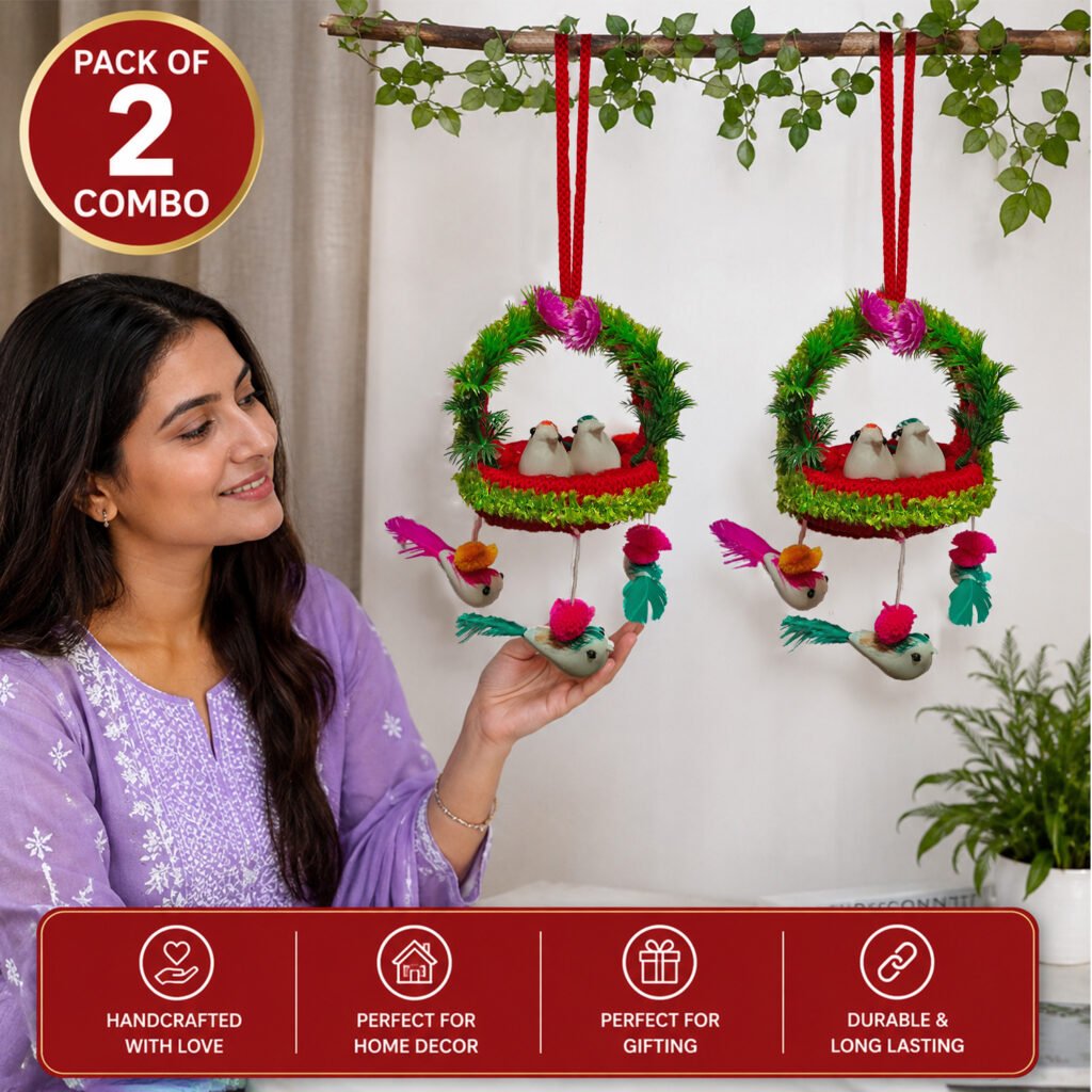 Pack of 2 Handmade Hanging Bird Nest Wall Decor with Artificial Birds, Colorful Floral Design and Decorative Hanging Ornament for Living Room, Balcony, Bedroom and Home Decoration
