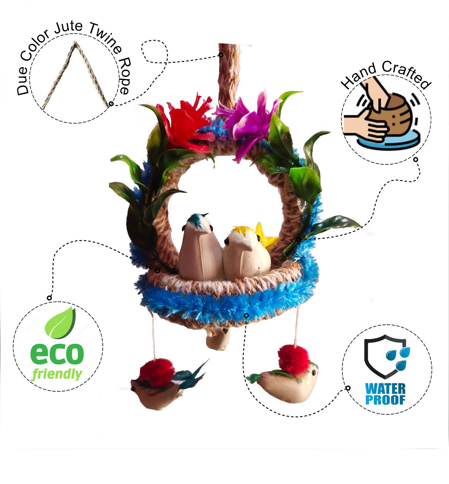 Handmade Hanging Bird Nest Wall Decor Pack of 2 | Artificial Birds Decorative Hanging for Home, Balcony & Living Room - Image 6