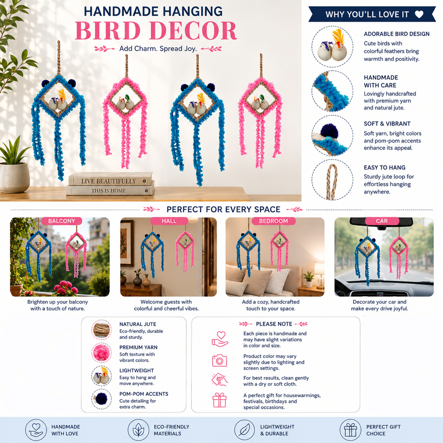 Handmade Hanging Bird Nest Decor for Home & Balcony | Decorative Jute Bird Hanging Wall Decor Combo Pack of 4 - Image 2