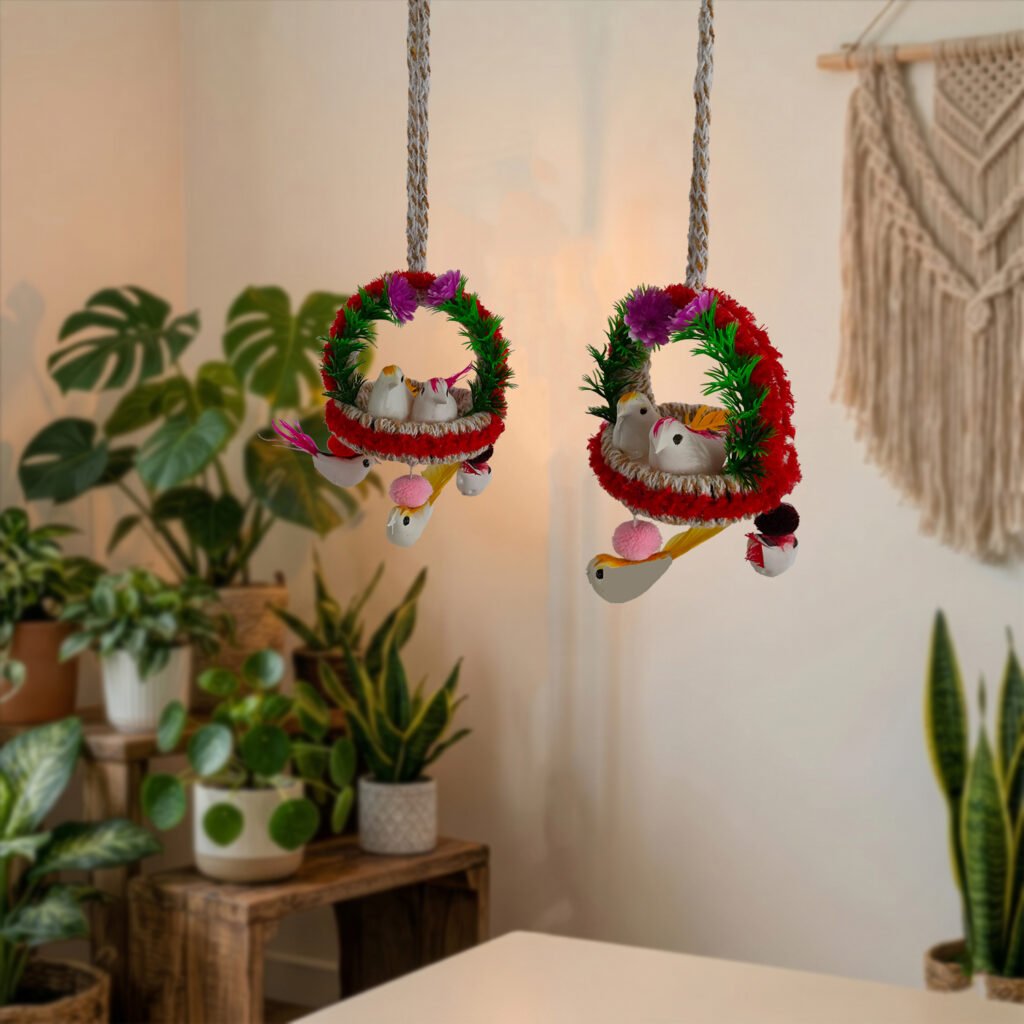 Pack of 2 Handmade Hanging Bird Nest Wall Decor with Artificial Birds, Colorful Floral Design and Decorative Hanging Ornament for Living Room, Balcony, Bedroom and Home Decoration