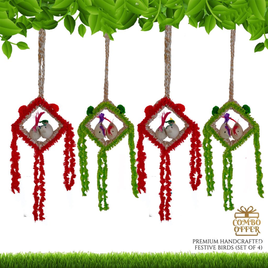 Combo pack of 4 handmade hanging bird nest decor with artificial birds and red tassel jute wall hanging for home and balcony decoration