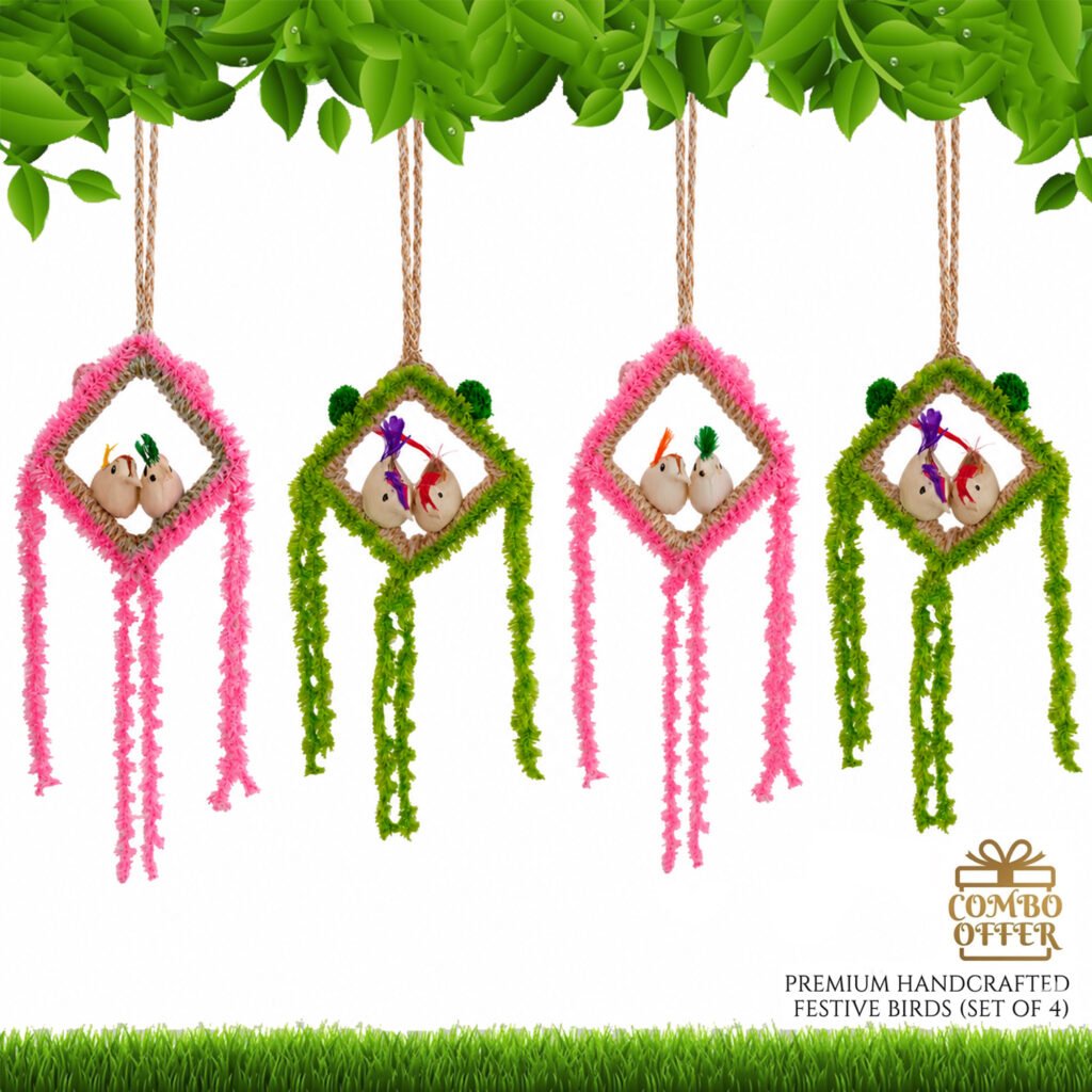 Combo pack of 4 handmade hanging bird nest decor with artificial birds and red tassel jute wall hanging for home and balcony decoration