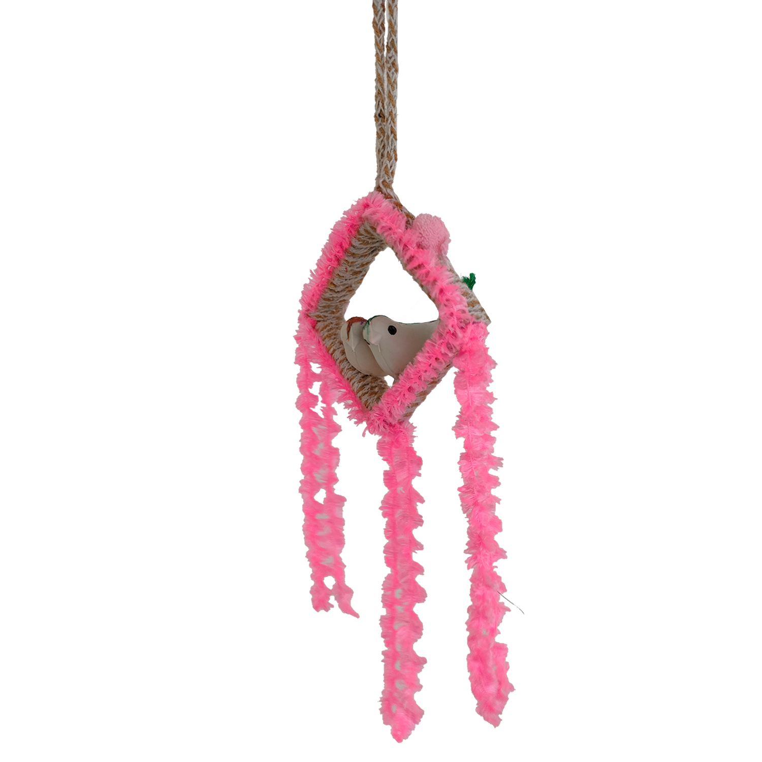 Combo pack of 4 handmade hanging bird nest decor with artificial birds and red tassel jute wall hanging for home and balcony decoration