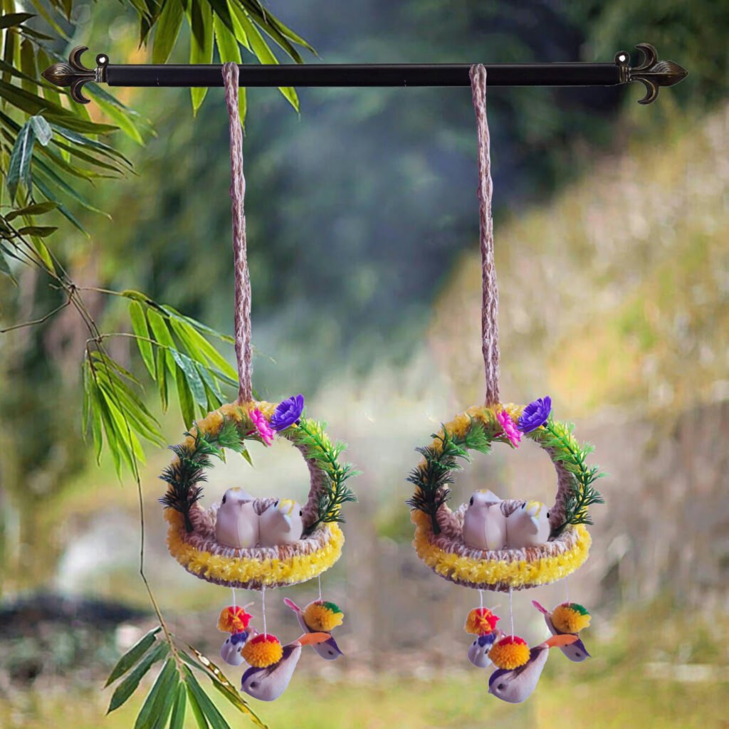 Pack of 2 Handmade Hanging Bird Nest Wall Decor with Artificial Birds, Colorful Floral Design and Decorative Hanging Ornament for Living Room, Balcony, Bedroom and Home Decoration