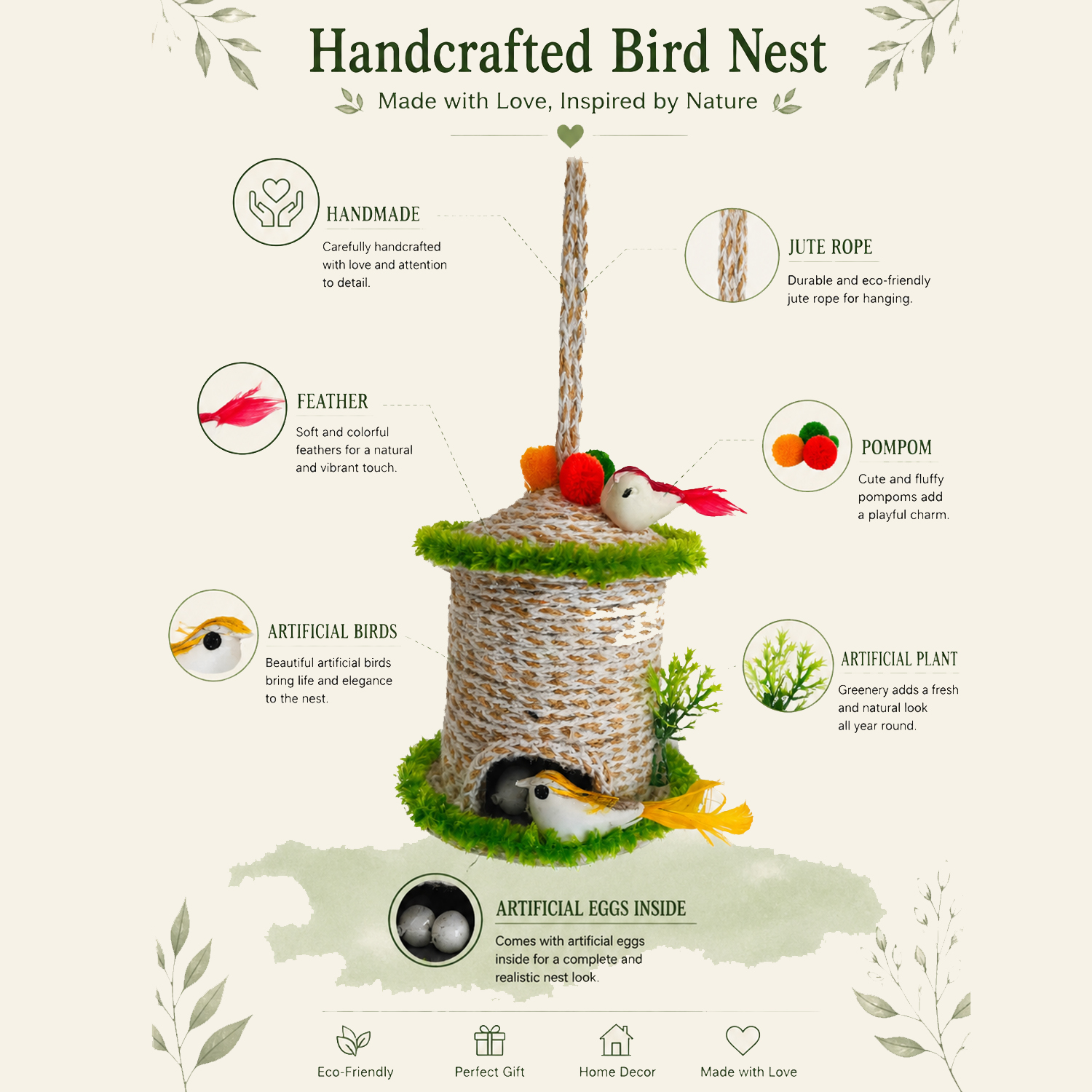 Handmade Jute Hanging Bird Nest for Home Decor with Artificial Birds, Eggs & Pom Pom Decoration - Image 3